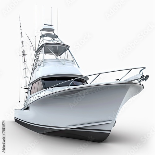 A sleek fishing boat designed for sport fishing, showcasing its structure and equipment.