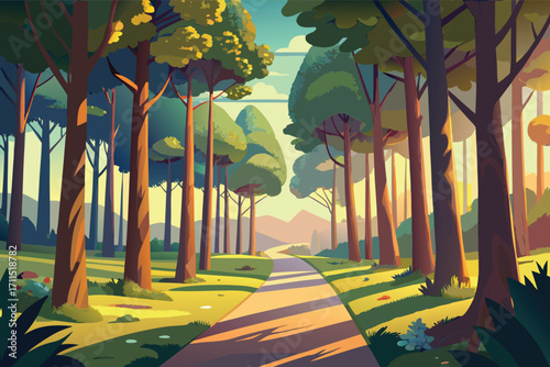 Calm afternoon walk through a serene forest path surrounded by tall trees and gentle sunlight