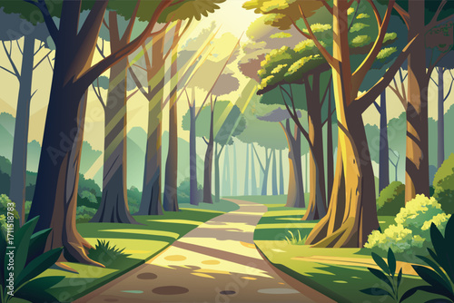 Sunlight filters through trees on a serene path in a vibrant forest during the morning hours