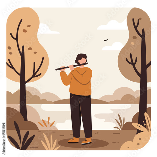 Illustrated figure playing a flute amidst autumn trees in muted beige and brown tones