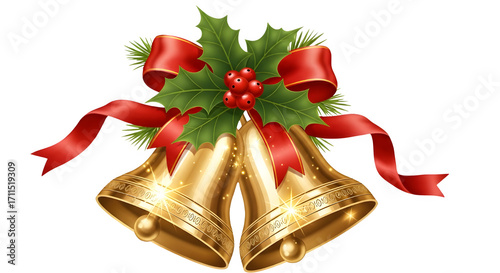 Golden Christmas bells with red ribbon and holly isolated PNG with Transparent Background