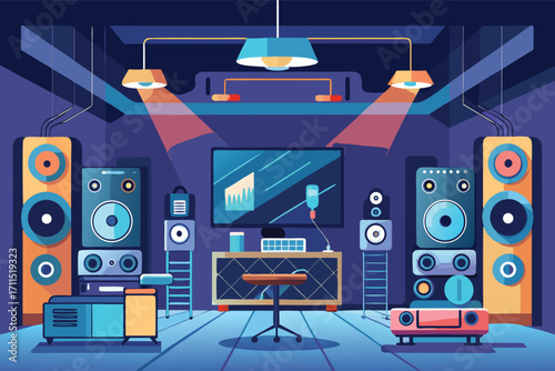 Music studio with colorful speakers and modern equipment for recording and mixing sounds