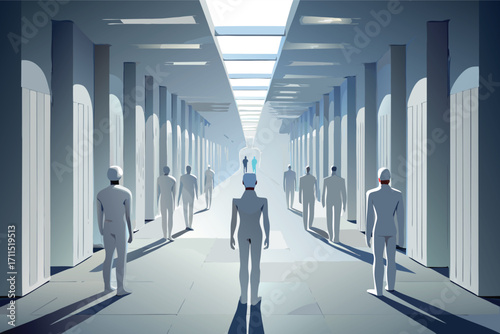 Figures walking in a bright corridor with light streaming through large openings