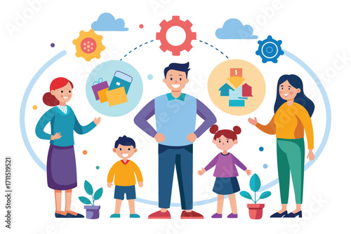 Family engaging in teamwork and planning with visual aids in a bright, cheerful setting