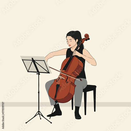 Woman playing cello while looking at music stand; muted palette with minimal line detail