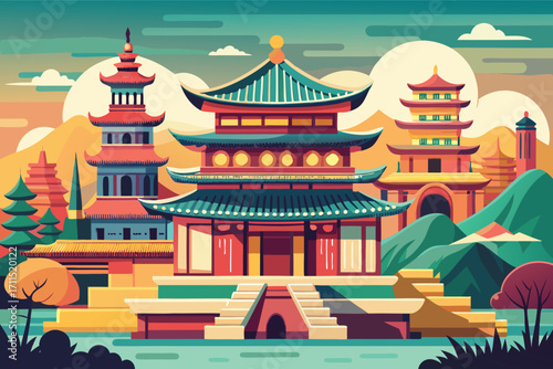 Vibrant traditional architecture in a scenic landscape with mountains and trees at sunset