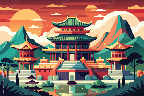 Stunning view of a traditional Asian temple surrounded by mountains and tranquil water during sunset