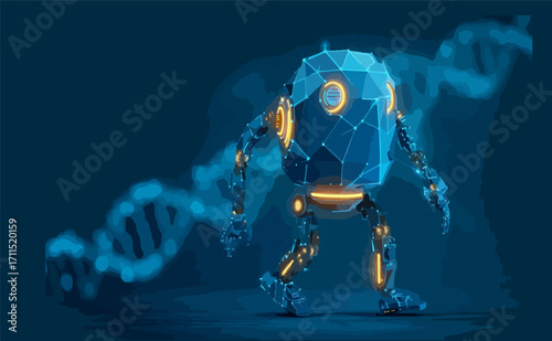 Glowing Blue Robot on DNA double helix against a dark blue background, representing the convergence of biotechnology and AI