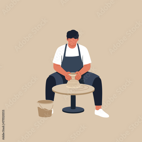 Illustrated potter forming clay on the wheel, wearing an apron, on a simple tan background