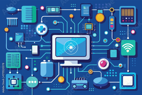 Digital technology connections illustrated with a computer and various icons related to electronics and data