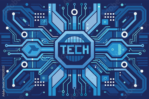 Circuit board design featuring the word tech in a modern digital style with bright blue colors