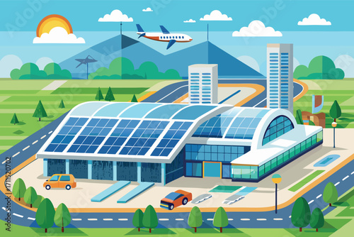 Modern airport terminal with solar panels and urban landscape in daytime