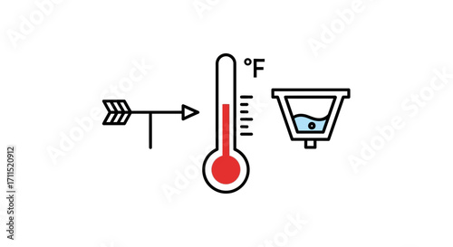 Vector icon set for meteorology, depicting weather measurement tools like a thermometer, wind vane, and rain gauge on a white background
