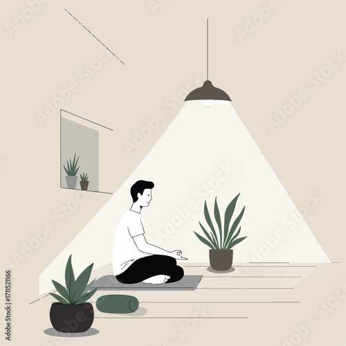 Minimalist illustration of a man meditating in a room with plants under a hanging lamp