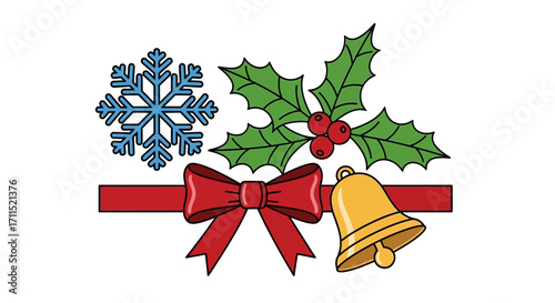 Festive Christmas Holly, Snowflake, Bow, and Bell Illustration