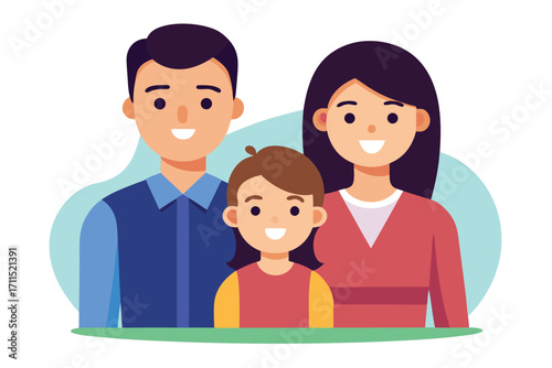 Happy family portrait with parents and child smiling together in a colorful illustration