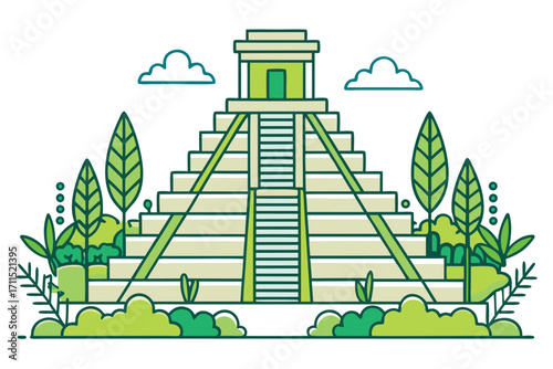 Exploring a Mayan pyramid surrounded by lush greenery and clouds in a vibrant, stylized landscape