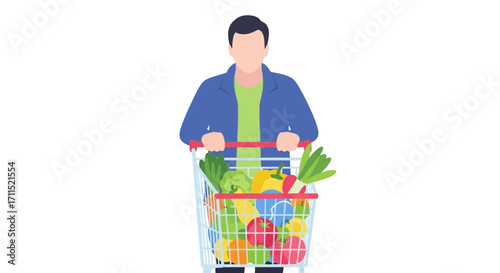 Man Pushing a Full Shopping Cart with Groceries and Vegetables