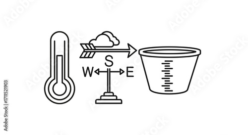 Meteorology and weather forecasting concept with line icons of a thermometer for temperature, a wind vane for direction, and a rain gauge for precipitation
