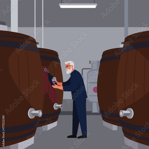 Winemaker in a cellar, inspecting wine from a wooden barrel into a glass