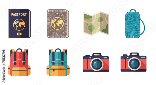 Flat design travel essentials icon set featuring passports, vibrant backpacks, a classic folded map, and retro cameras, symbolizing adventure and global exploration journey