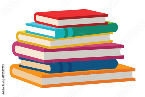 Colorful stack of books with various sizes and styles displayed on a white background