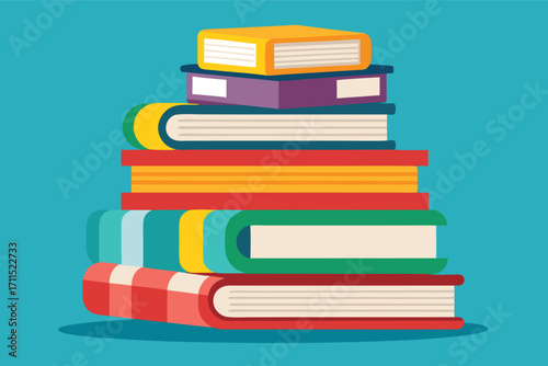 Colorful stack of books on a bright blue background showcasing a variety of sizes and shapes