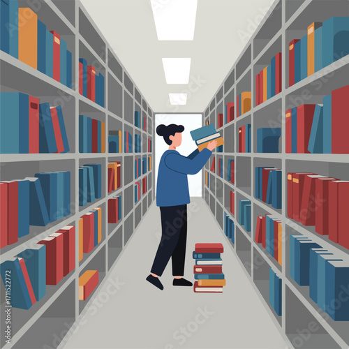 Woman browses colorful books on library shelves with a tall book stack near her feet