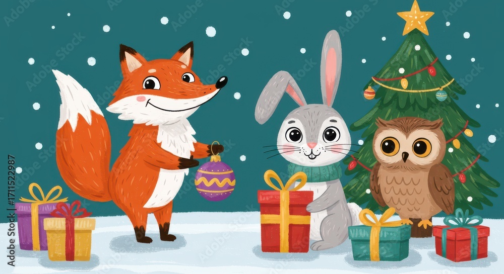 Fototapeta premium Adorable animals, a fox, a rabbit, and an owl, gather around a Christmas tree, surrounded by presents and snow.