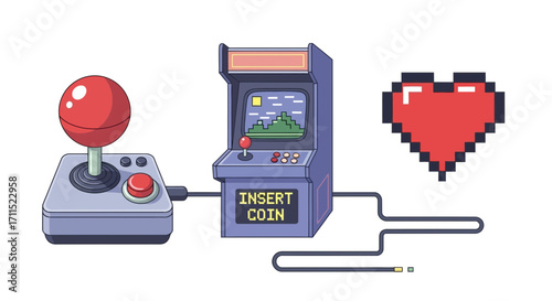 Illustration of a vintage arcade game setup with a joystick controller and a pixel heart life icon symbolizing a passion for gaming