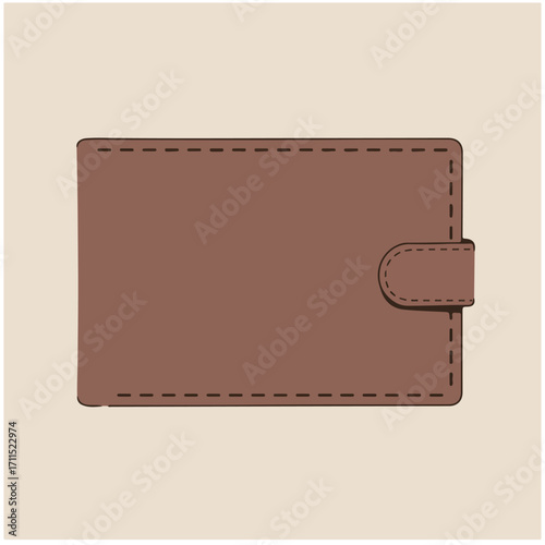 Rectangular brown leather wallet with flap closure shown on a light beige background