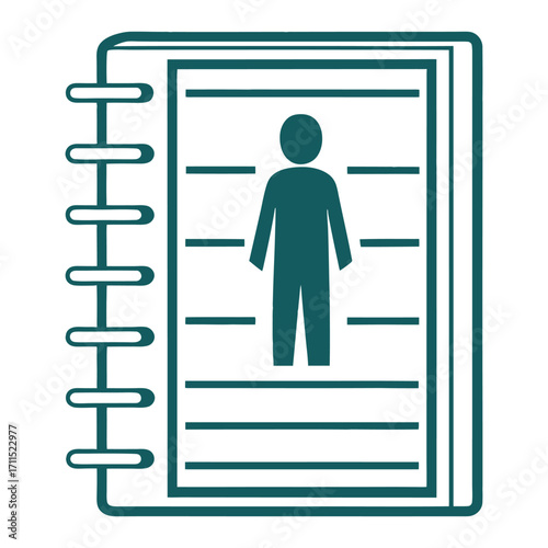 Person icon within notebook pages represents stakeholder management and contact list icon