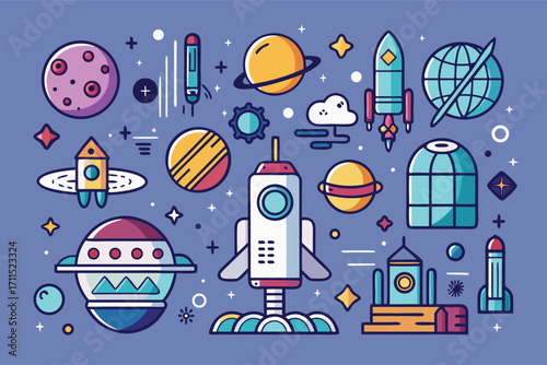 Exploring a vibrant outer space scene with colorful planets, rockets, and celestial elements in a creative design