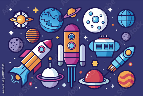 Colorful space-themed illustration showcasing rockets, planets, and stars in a vibrant cosmic setting