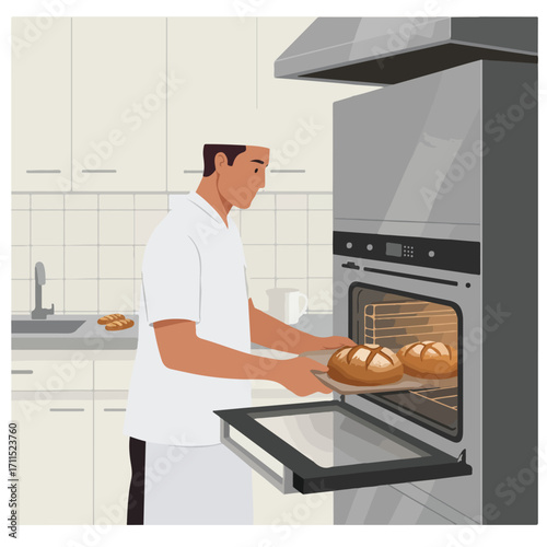 Baker in white uniform places fresh bread into a modern oven in a simple kitchen