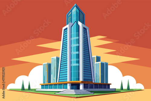 Modern skyscraper stands tall against a vibrant sunset in a bustling city skyline