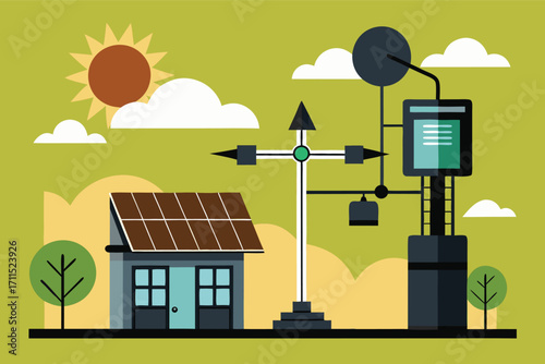 Solar-powered house and wind measurement setup in a green landscape during daytime