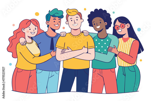 Group of friends smiling together in a colorful illustration with playful background elements