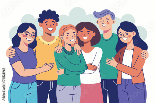 Group of friends smiling together in a cheerful and supportive moment of unity and joy