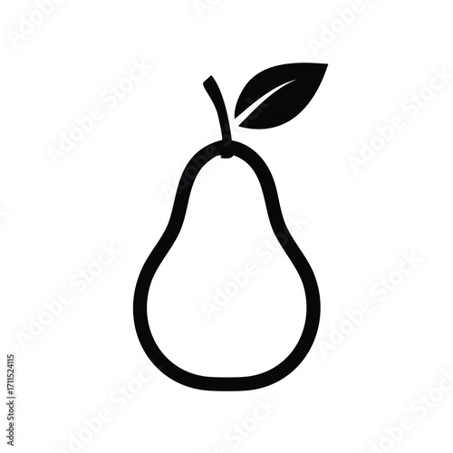 Black and white outline icon of a pear with a leaf