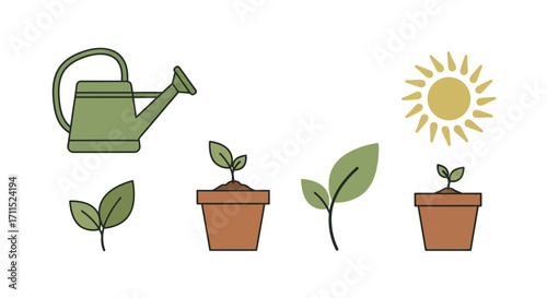 Nurturing Growth Illustration of a Watering Can, Potted Plants, and the Sun - A Fresh Start