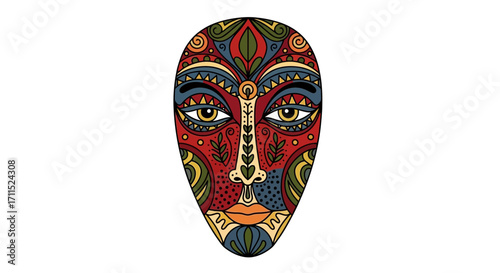 Vibrant ethnic mask illustration with intricate traditional patterns and rich colors. Symbolizing cultural heritage and artistic expression, ideal for diverse creative designs