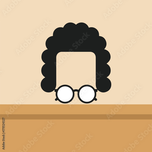 Stylized portrait of someone wearing a wig and glasses, set behind a wooden desk