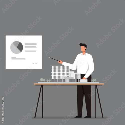 Architect presenting a building model with a pie chart and text on board in grayscale design