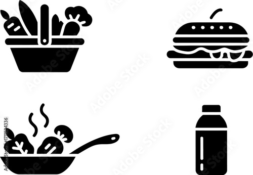 Collection of simple icons representing healthy food choices and meal preparation
