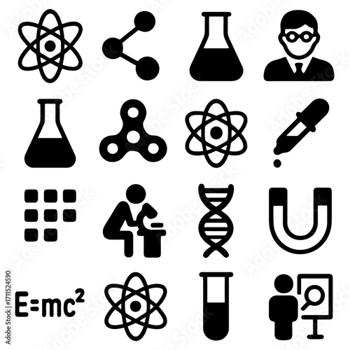 Science Elements Collection: A collection of meticulously crafted icons representing scientific concepts and tools, providing a visual guide for educational and illustrative purposes.