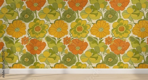 Retro floral patterned wallpaper, a vibrant seventies inspired design