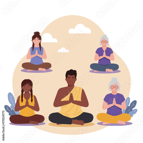 Diverse group in lotus position meditating with hands in prayer on a neutral background