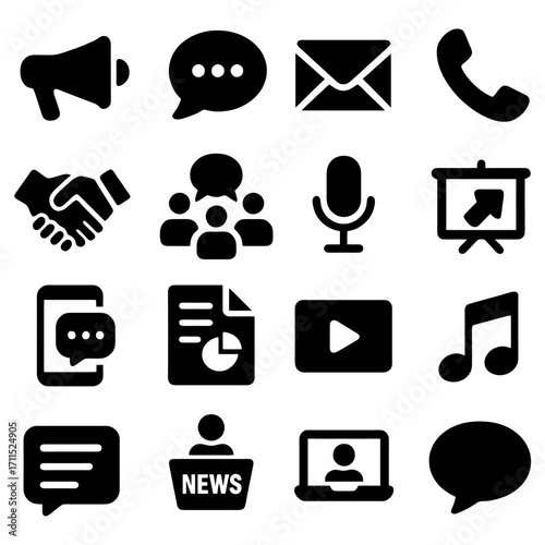 Digital Communication Icons: An eye-level shot of a collection of black and white digital communication icons displayed against a neutral background, portraying essential digital tools and concepts.