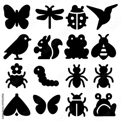 Insects and Small Animals Silhouette: A compilation of insects and small animals silhouettes in black, illustrating diversity and simplicity. A versatile design element suitable for various uses.